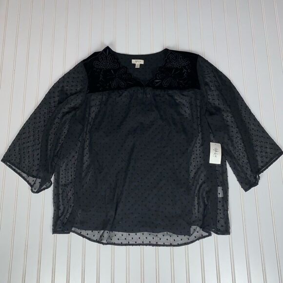 Style & Co Plus Size Swiss-Dot Velvet-Yoke Top Eyelet Black 3X NWT - Picture 3 of 10